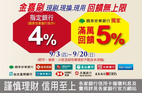 4%銀行金喜刷回饋,國泰世華獨家滿萬5%回饋