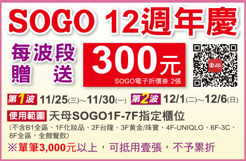 SOGO 12週年慶 300元抵用券