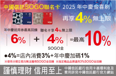 2025年中慶 中國信託SOGO聯名卡合併最高10%回饋
