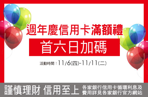 週年慶信用卡滿額禮「首6日加碼」