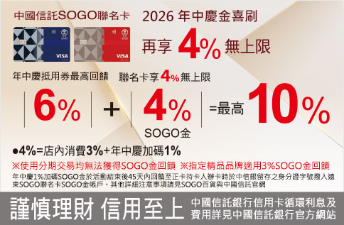 2026年中慶 中國信託SOGO聯名卡合併最高10%回饋