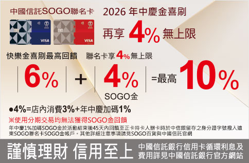 2026年中慶 中國信託SOGO聯名卡合併最高10%回饋