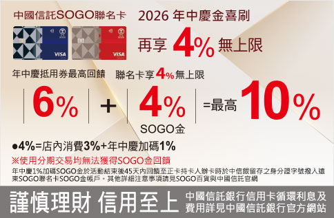 2026年中慶 中國信託SOGO聯名卡合併最高10%回饋
